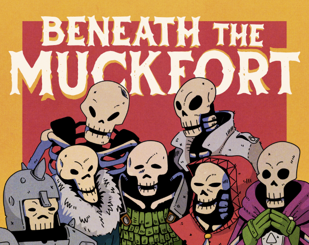 Beneath the muckfort cover image, a group of goofy looking skeletons in different fantasy outfits, posing together as if for a group photo.